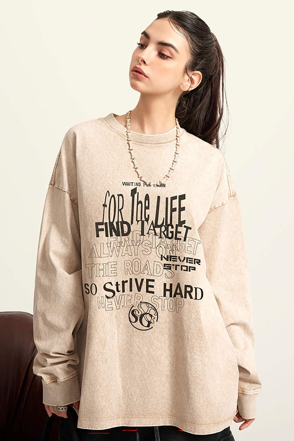 Moisture-Wicking Washed Graphic Cotton Long-Sleeve T-Shirt in Khaki - product detail close-up