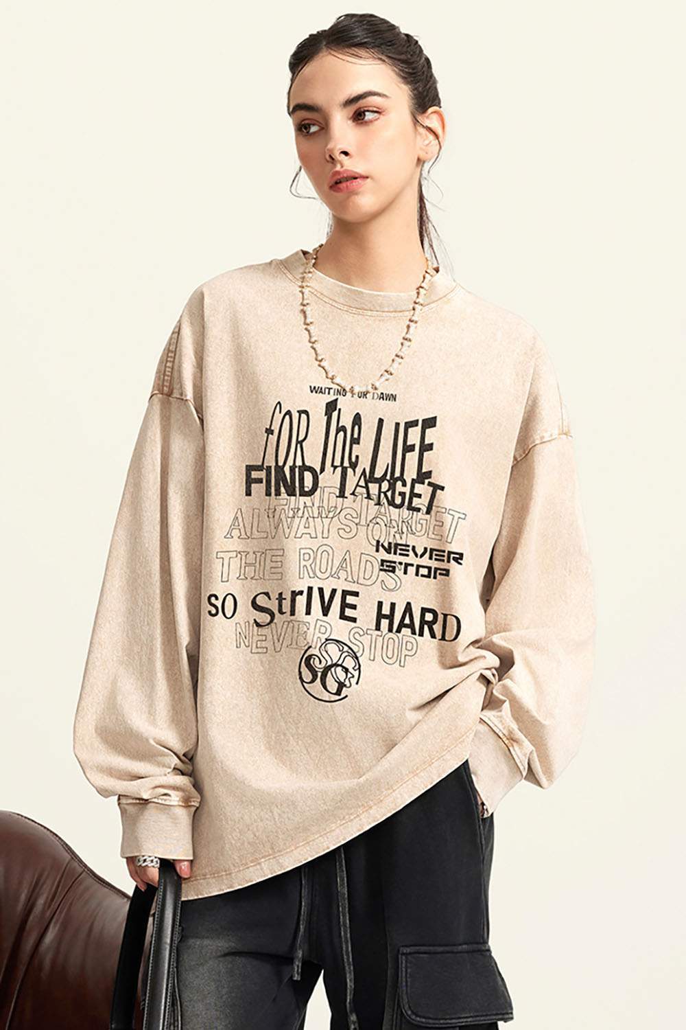 Moisture-Wicking Washed Graphic Cotton Long-Sleeve T-Shirt in Khaki - front modeled view
