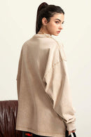Moisture-Wicking Washed Graphic Cotton Long-Sleeve T-Shirt in Khaki - rear three-quarter modeled view