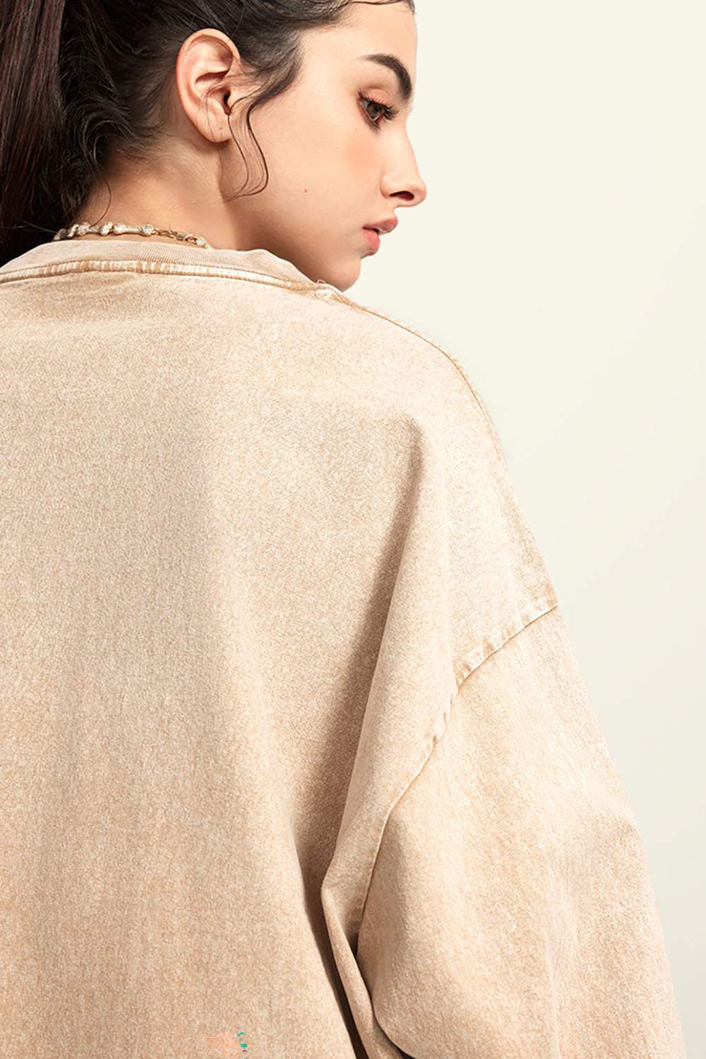 Moisture-Wicking Washed Graphic Cotton Long-Sleeve T-Shirt in Khaki - product detail close-up