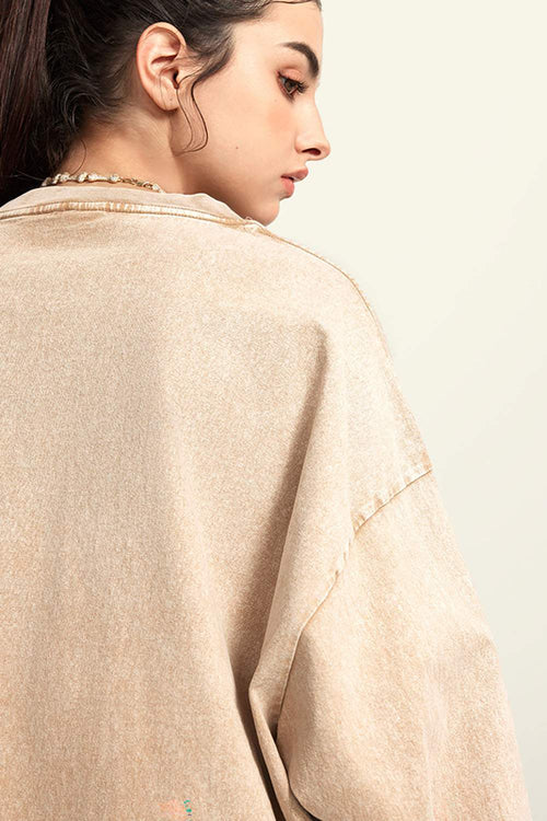 Moisture-Wicking Washed Graphic Cotton Long-Sleeve T-Shirt in Khaki - product detail close-up
