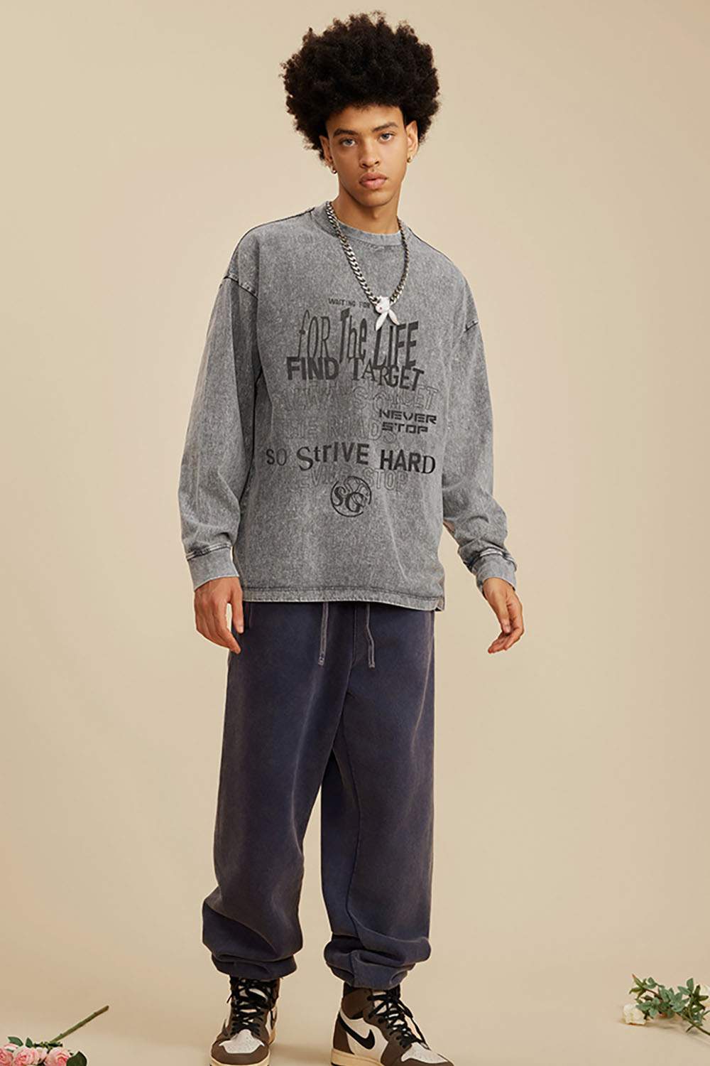Moisture-Wicking Washed Graphic Cotton Long-Sleeve T-Shirt in Medium Gray - full-length front modeled view