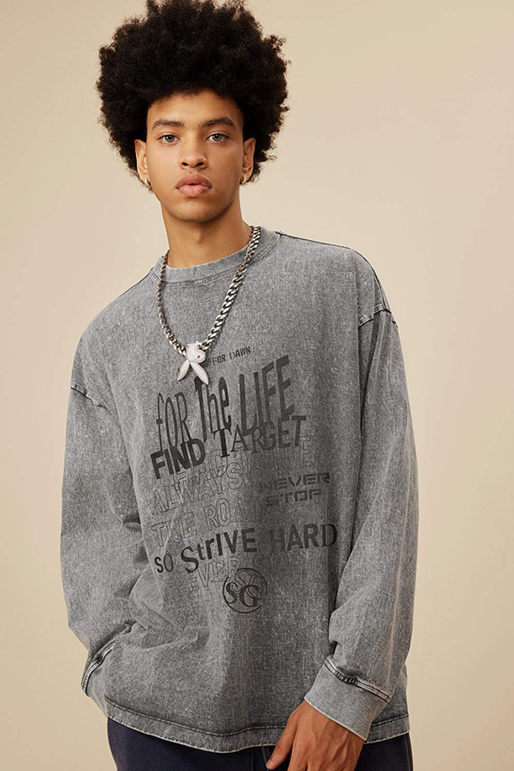 Moisture-Wicking Washed Graphic Cotton Long-Sleeve T-Shirt in Medium Gray - product detail close-up