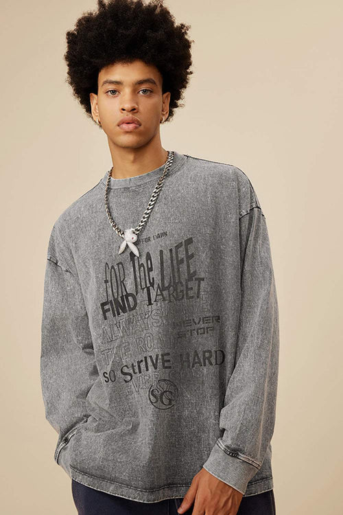 Moisture-Wicking Washed Graphic Cotton Long-Sleeve T-Shirt in Medium Gray - product detail close-up