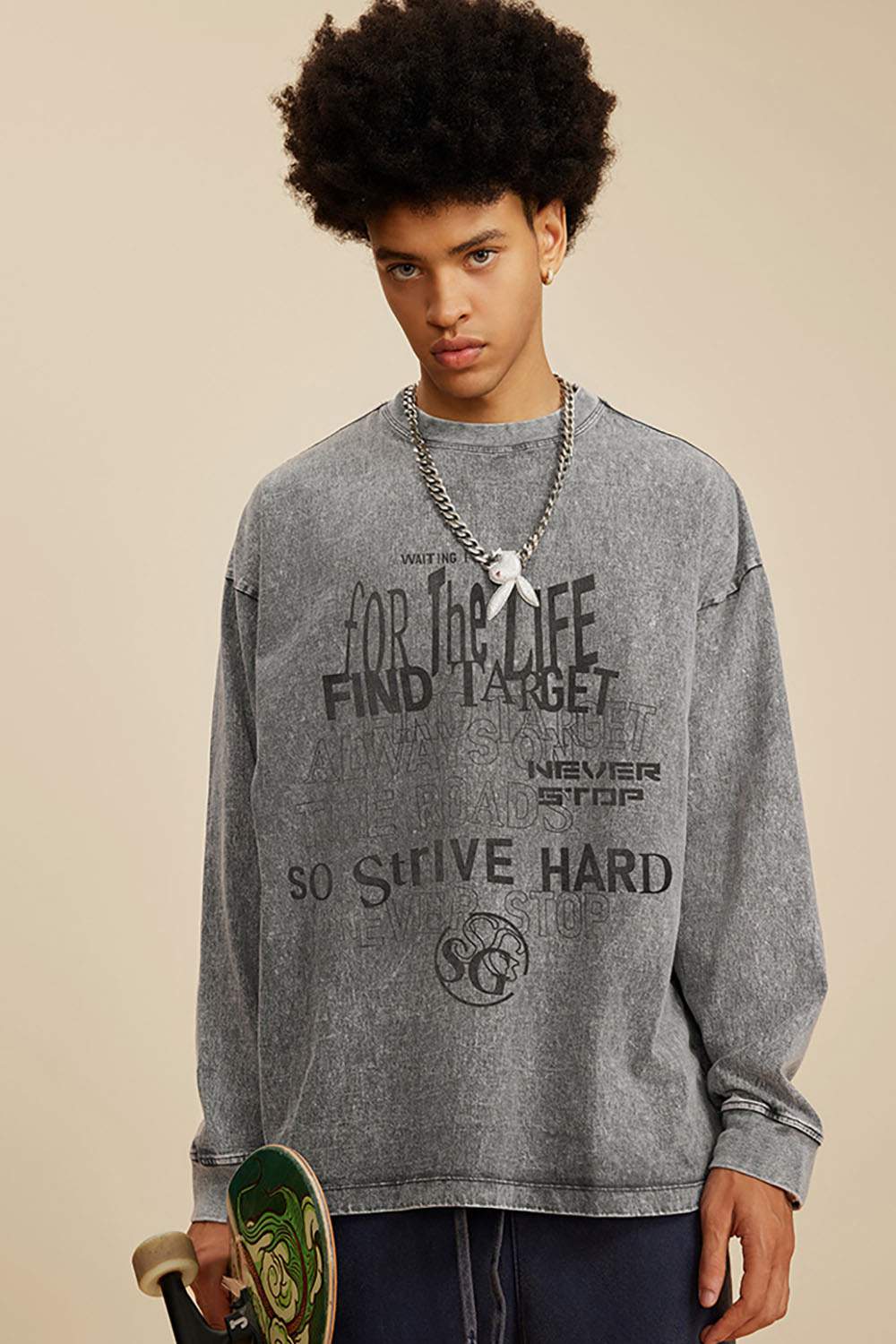 Moisture-Wicking Washed Graphic Cotton Long-Sleeve T-Shirt in Medium Gray - product detail close-up