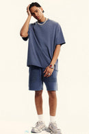 Heavyweight Distressed-Wash Cotton T-Shirt in Blueish Gray - full-length front modeled view