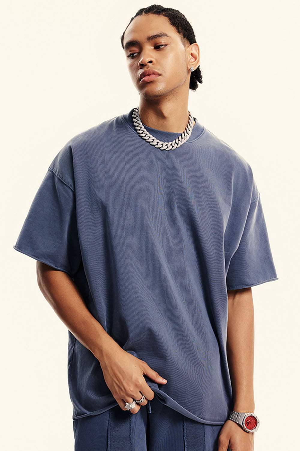 Heavyweight Distressed-Wash Cotton T-Shirt in Blueish Gray - front modeled view