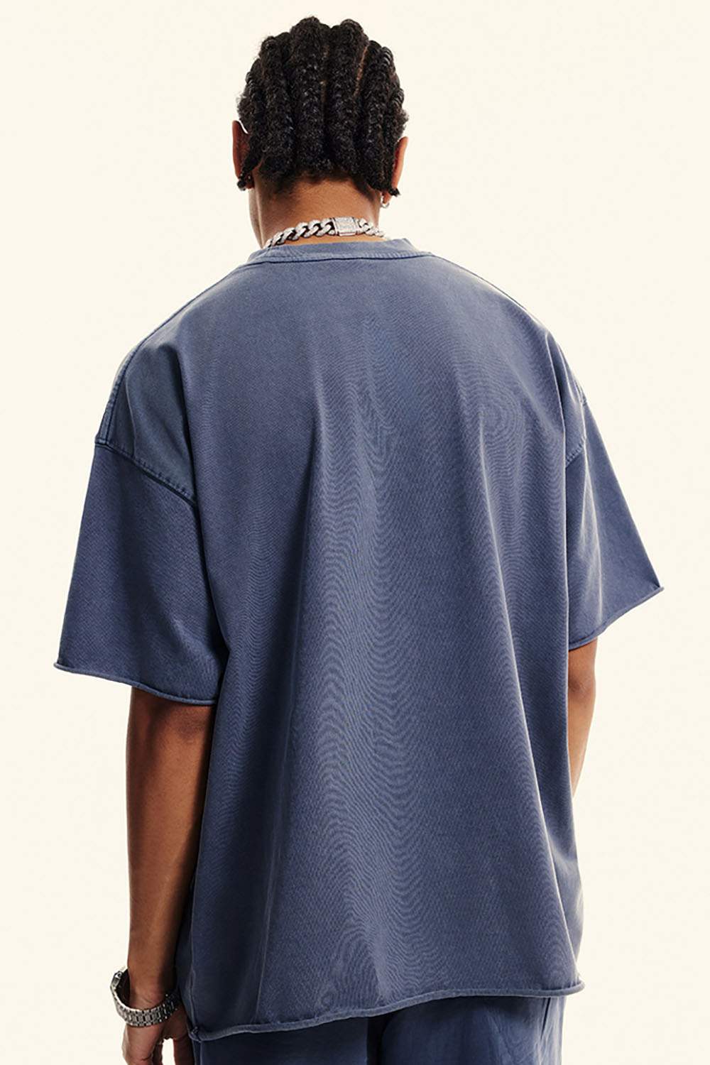 Heavyweight Distressed-Wash Cotton T-Shirt in Blueish Gray - back modeled view