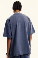 Heavyweight Distressed-Wash Cotton T-Shirt in Blueish Gray - back modeled view
