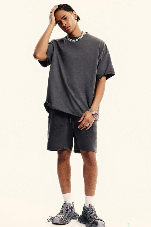 Heavyweight Distressed-Wash Cotton T-Shirt in Dark Gray - full-length front modeled view