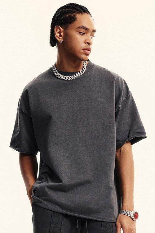Heavyweight Distressed-Wash Cotton T-Shirt in Dark Gray - front modeled view