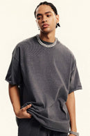 Heavyweight Distressed-Wash Cotton T-Shirt in Dark Gray - front modeled view