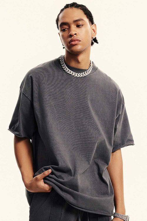 Heavyweight Distressed-Wash Cotton T-Shirt in Dark Gray - front modeled view