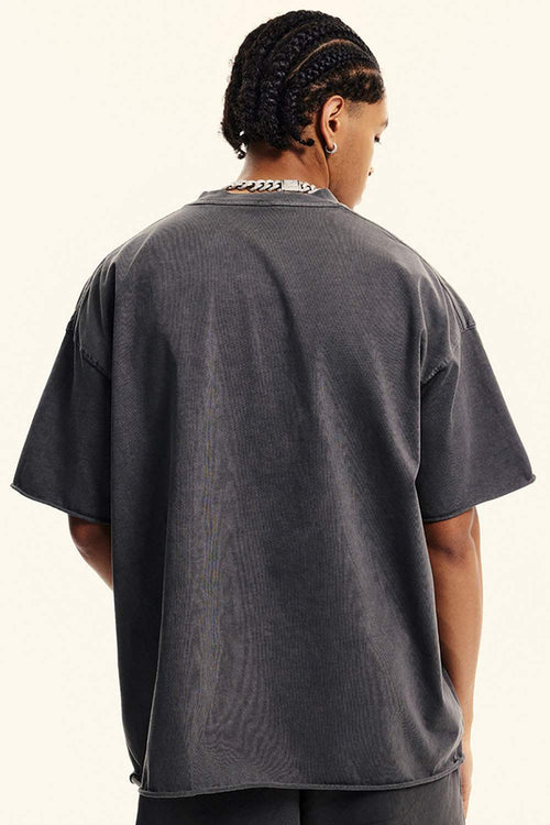 Heavyweight Distressed-Wash Cotton T-Shirt in Dark Gray - back modeled view