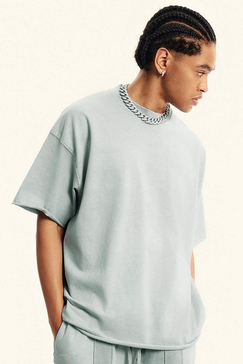 Heavyweight Distressed-Wash Cotton T-Shirt in Light Gray - front modeled view