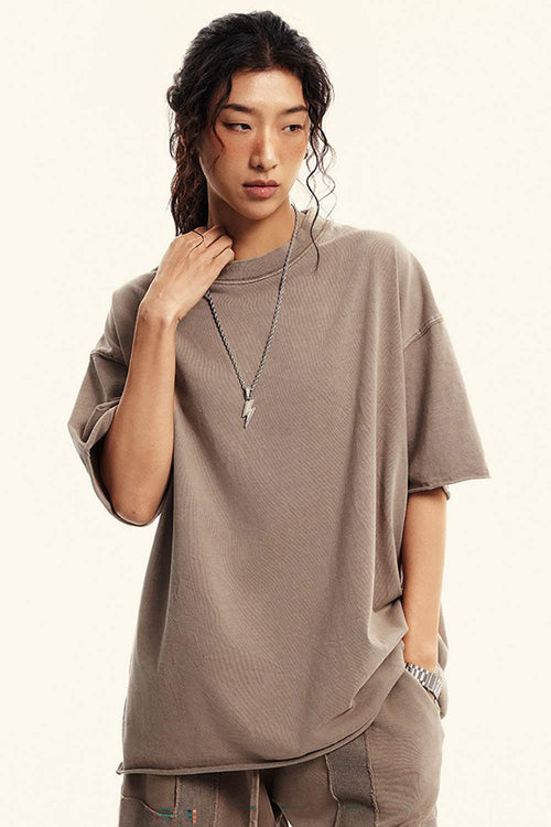 Heavyweight Distressed-Wash Cotton T-Shirt in Mud - front modeled view