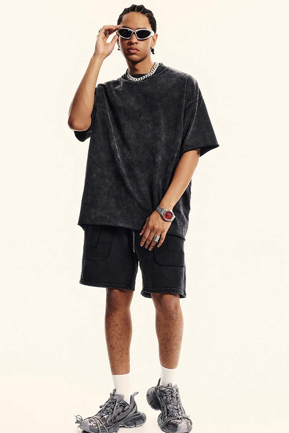 Heavyweight Distressed-Wash Cotton T-Shirt in Slate Black - full-length front modeled view