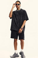 Heavyweight Distressed-Wash Cotton T-Shirt in Slate Black - full-length front modeled view