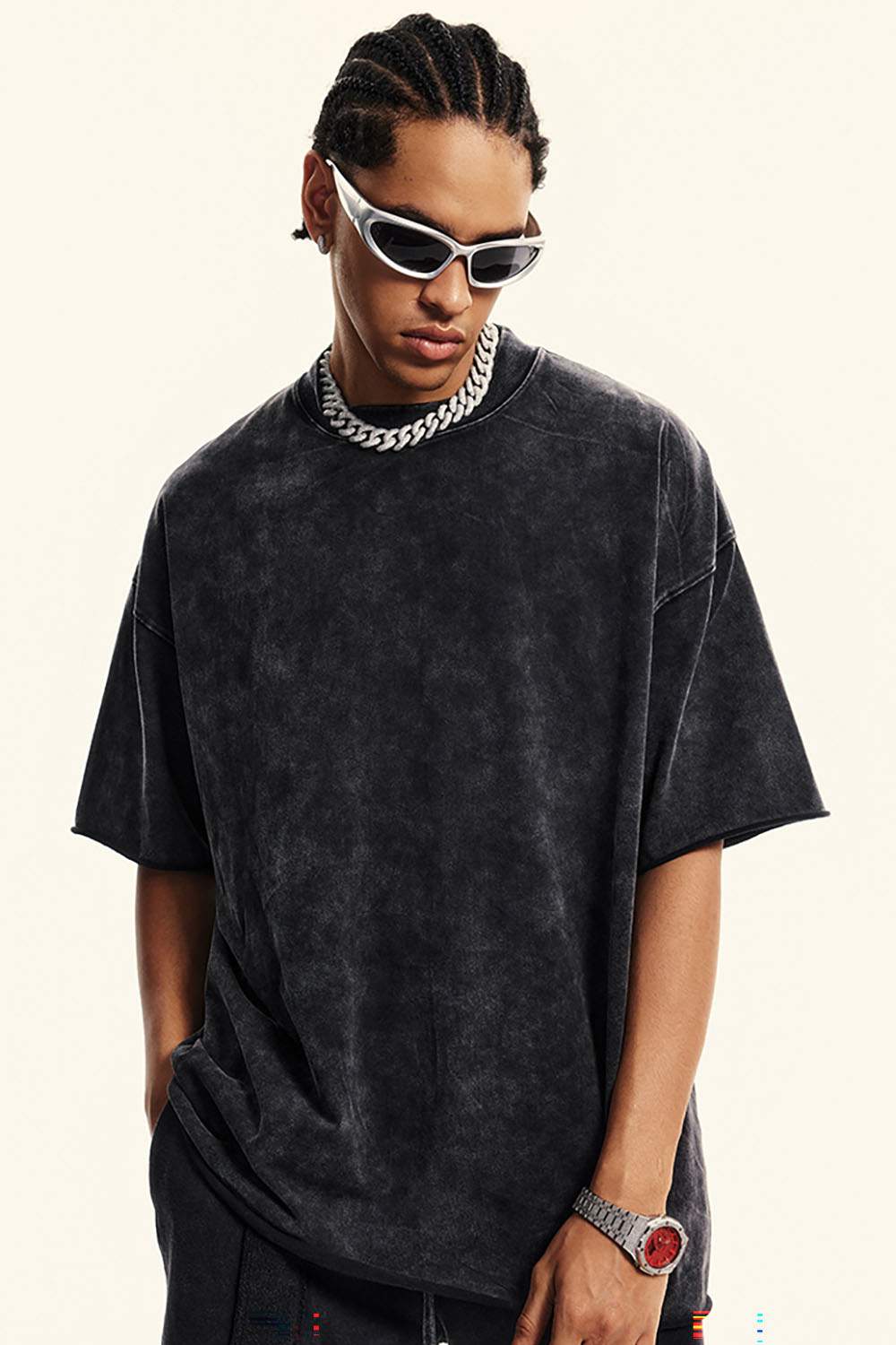 Heavyweight Distressed-Wash Cotton T-Shirt in Slate Black - front modeled view