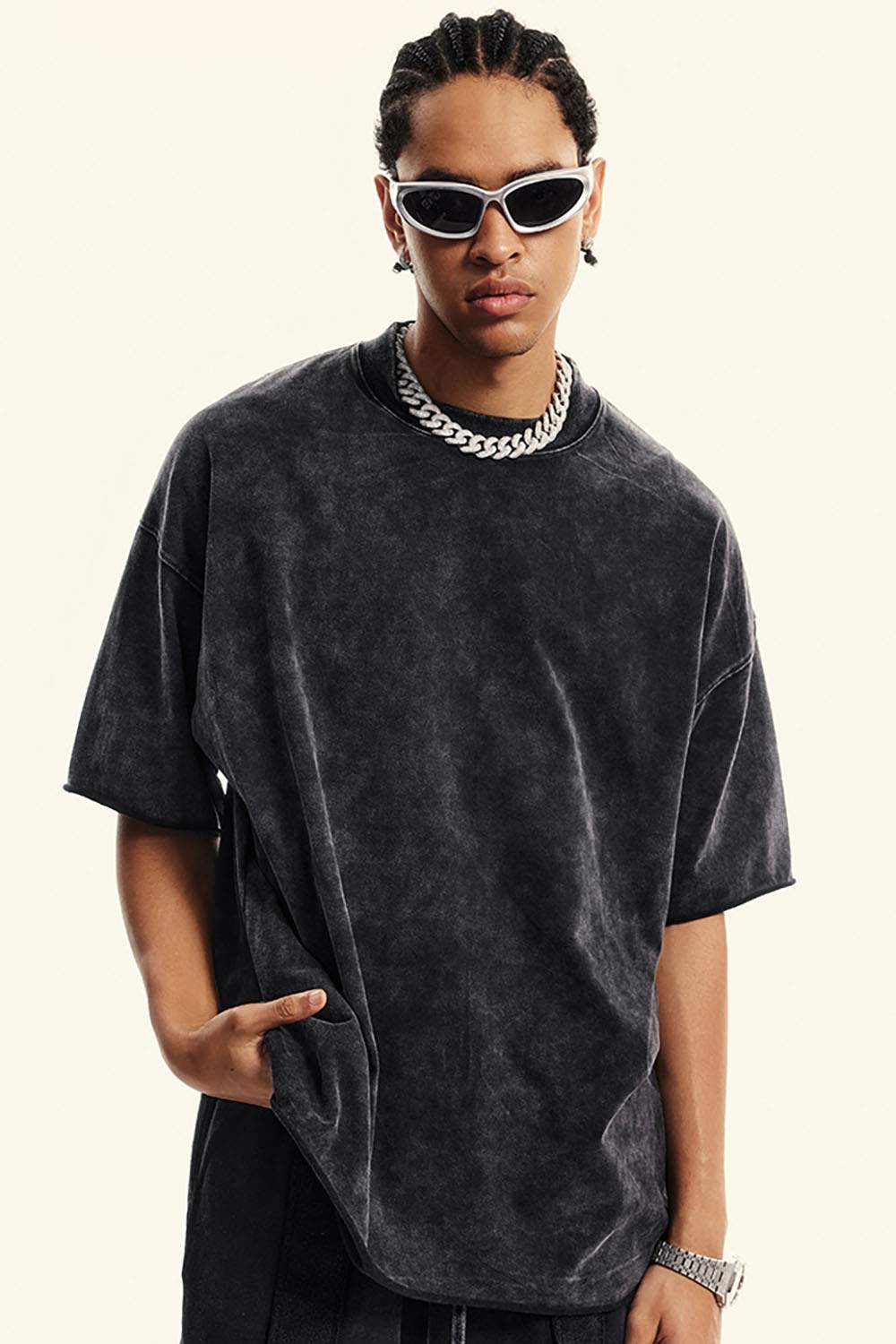 Heavyweight Distressed-Wash Cotton T-Shirt in Slate Black - front modeled view