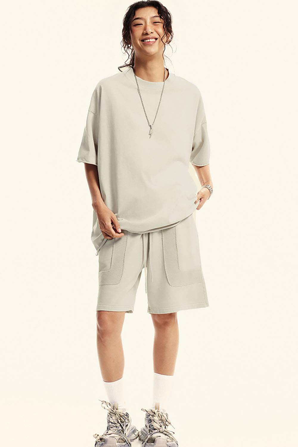 Heavyweight Distressed-Wash Cotton T-Shirt in Slate Rice - full-length front modeled view