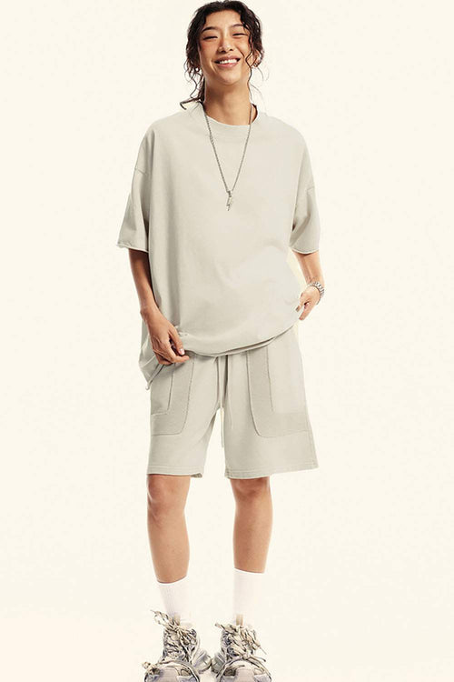 Heavyweight Distressed-Wash Cotton T-Shirt in Slate Rice - full-length front modeled view