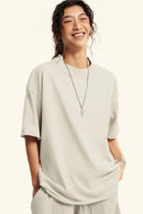 Heavyweight Distressed-Wash Cotton T-Shirt in Slate Rice - front modeled view