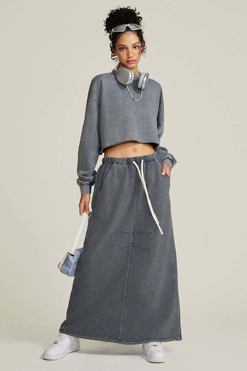 Distressed Washed Crop Long-Sleeve Tee - Royal Blue