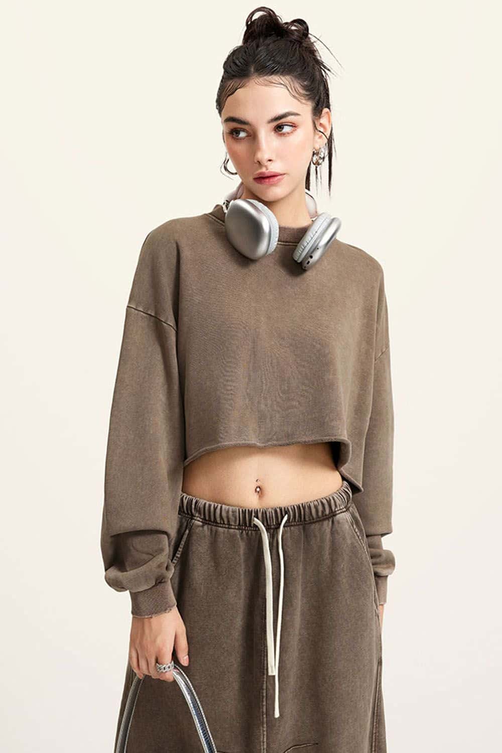 380G Water Washed Loose Edge Short Cropped Long Sleeve Vintage Streetwear Top