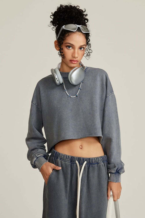 Distressed Washed Crop Long-Sleeve Tee - Royal Blue