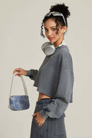 Distressed Washed Crop Long-Sleeve Tee - Royal Blue