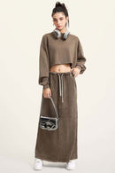 Distressed Washed Crop Long-Sleeve Tee - Coffee