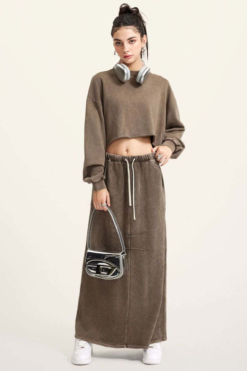 Distressed Washed Crop Long-Sleeve Tee - Coffee