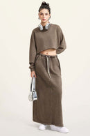 Distressed Washed Crop Long-Sleeve Tee - Coffee