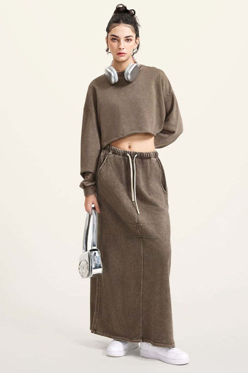 Distressed Washed Crop Long-Sleeve Tee - Coffee