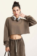 Distressed Washed Crop Long-Sleeve Tee - Coffee