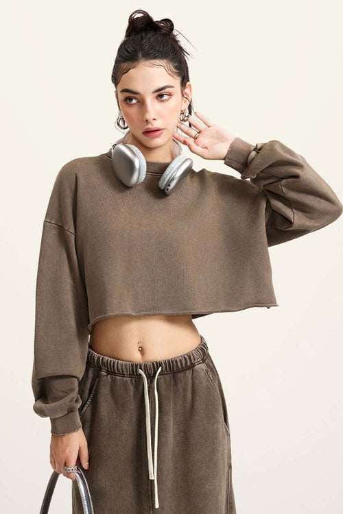Distressed Washed Crop Long-Sleeve Tee - Coffee