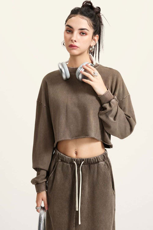 Distressed Washed Crop Long-Sleeve Tee - Coffee