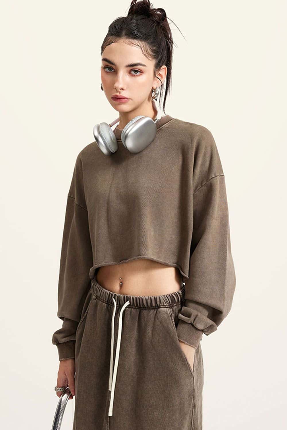Distressed Washed Crop Long-Sleeve Tee - Coffee