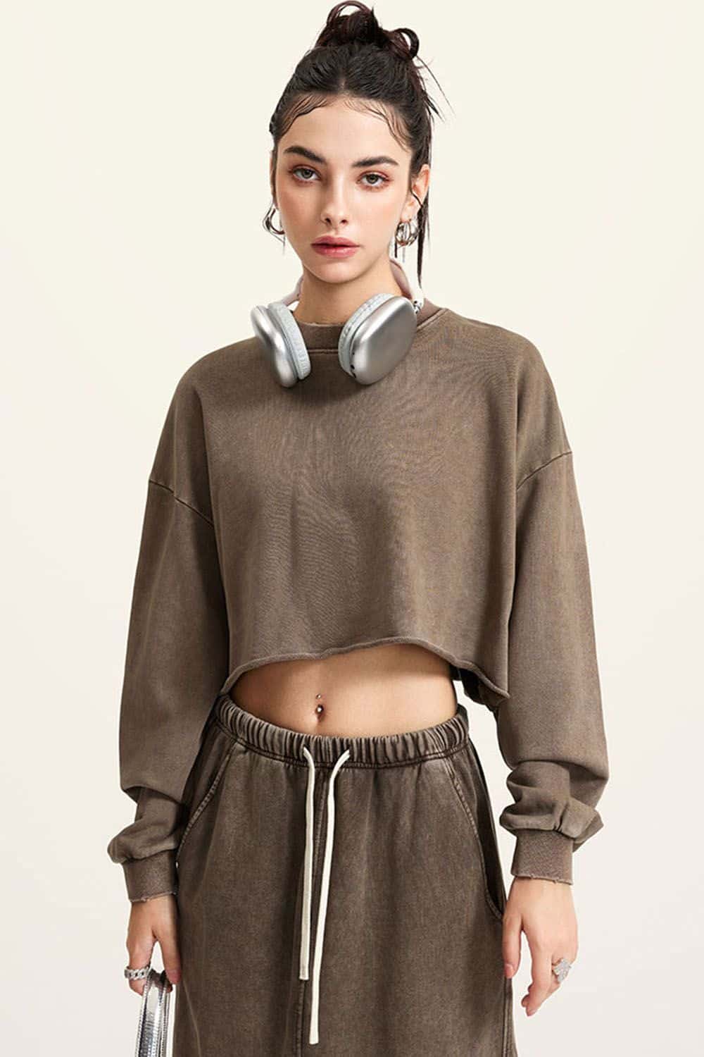 Distressed Washed Crop Long-Sleeve Tee - Coffee