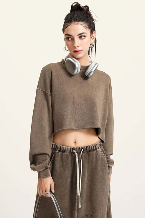 Distressed Washed Crop Long-Sleeve Tee - Coffee