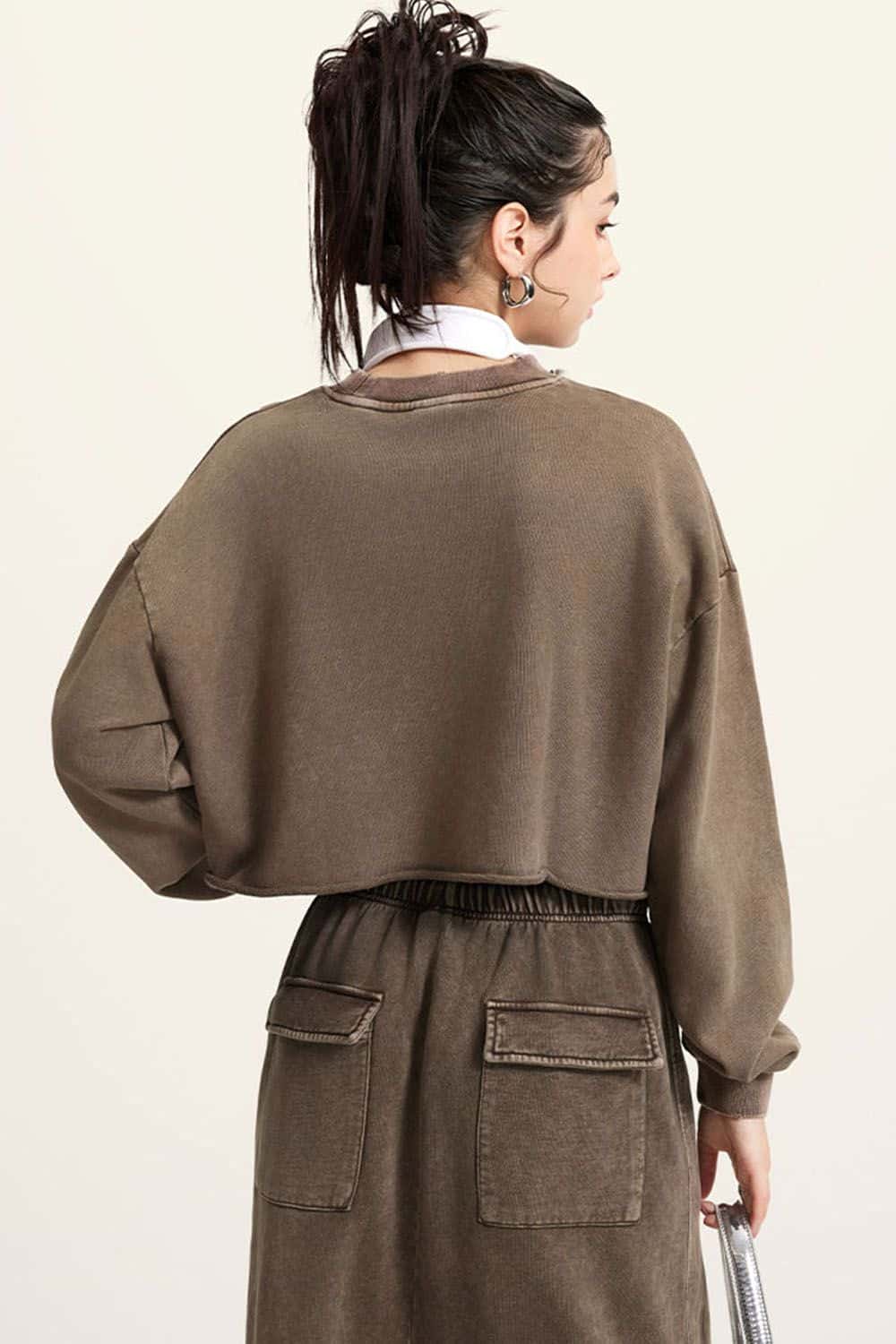 Distressed Washed Crop Long-Sleeve Tee - Coffee