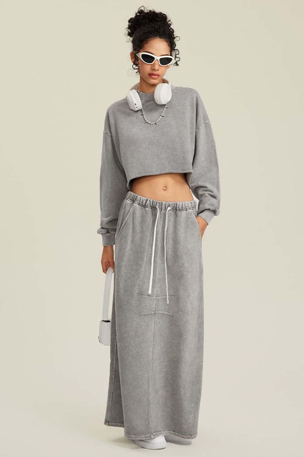 Distressed Washed Crop Long-Sleeve Tee - Medium Gray