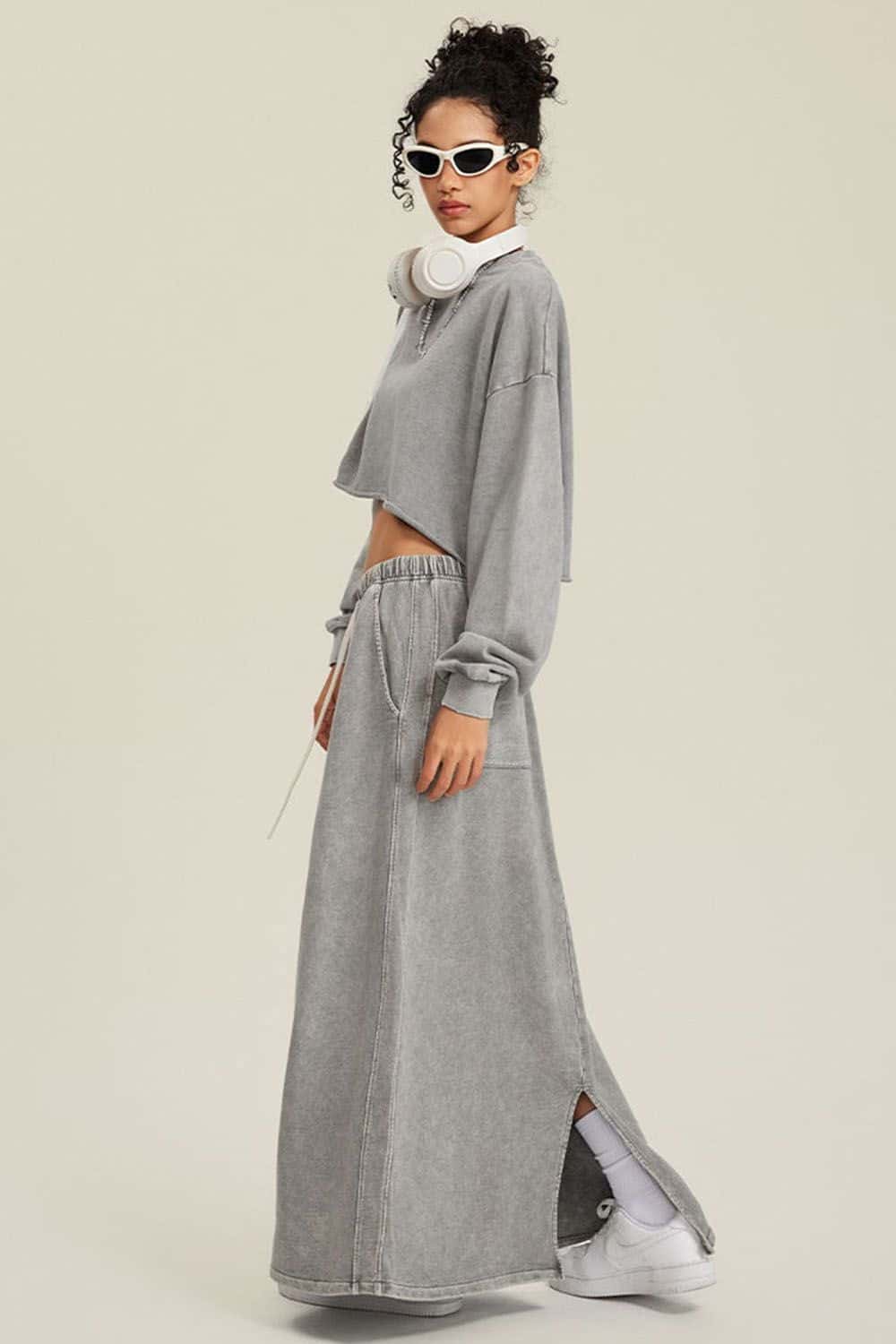 Distressed Washed Crop Long-Sleeve Tee - Medium Gray