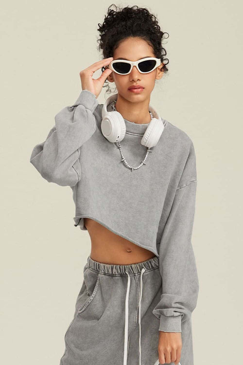Distressed Washed Crop Long-Sleeve Tee - Medium Gray