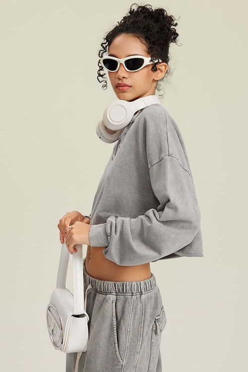 Distressed Washed Crop Long-Sleeve Tee - Medium Gray