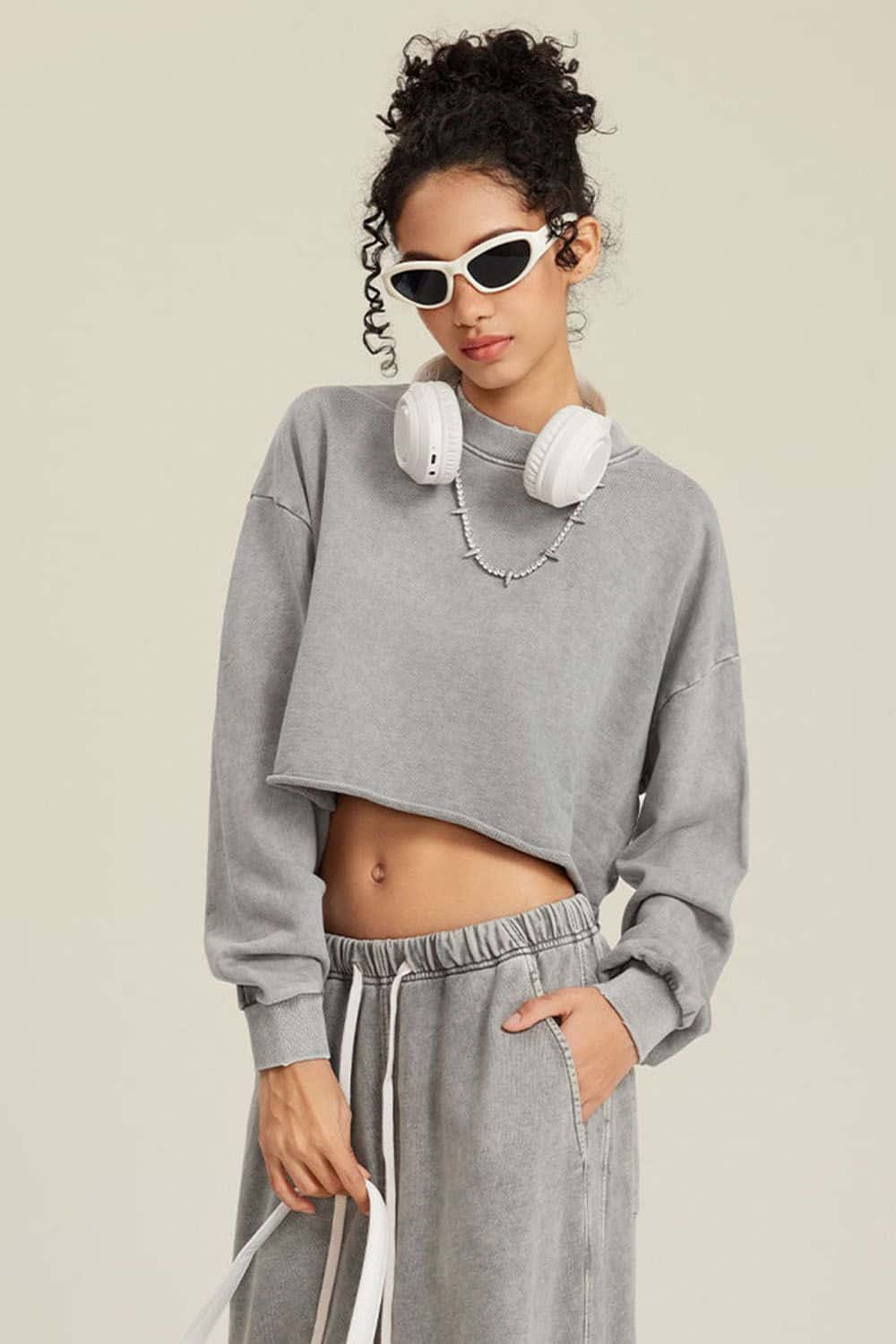 Distressed Washed Crop Long-Sleeve Tee - Medium Gray