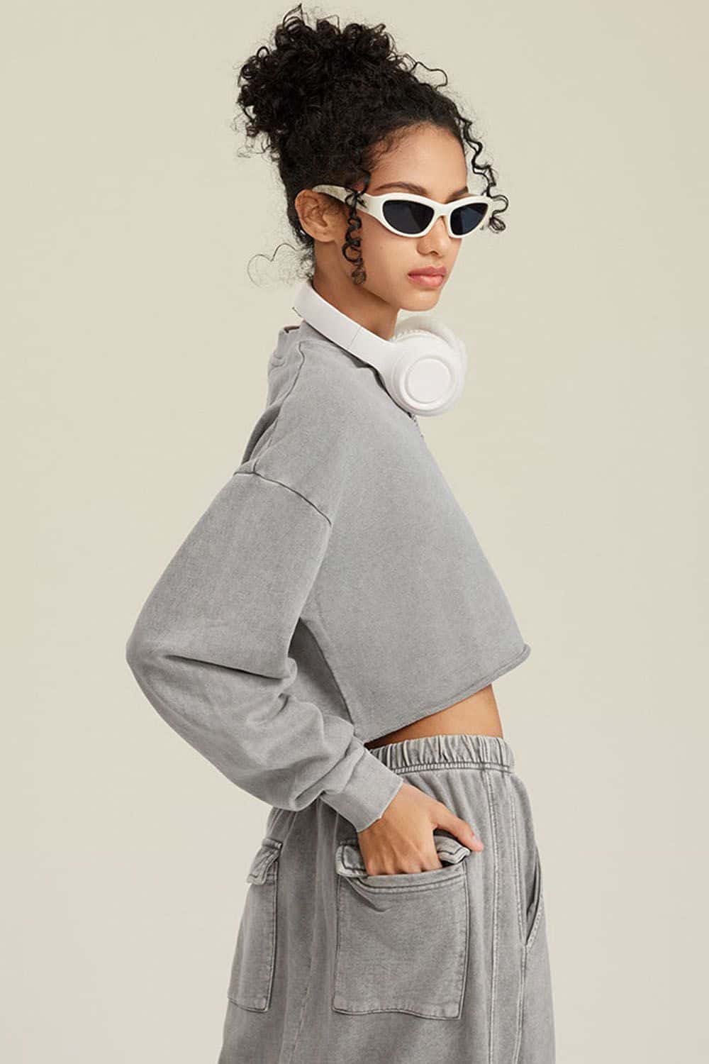 Distressed Washed Crop Long-Sleeve Tee - Medium Gray
