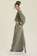 Distressed Washed Crop Long-Sleeve Tee - Olive