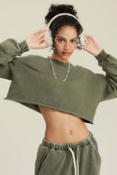 Distressed Washed Crop Long-Sleeve Tee - Olive